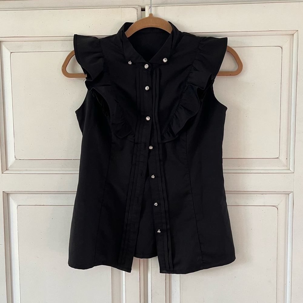 Black Sleeveless Button Down With Crystal Buttons